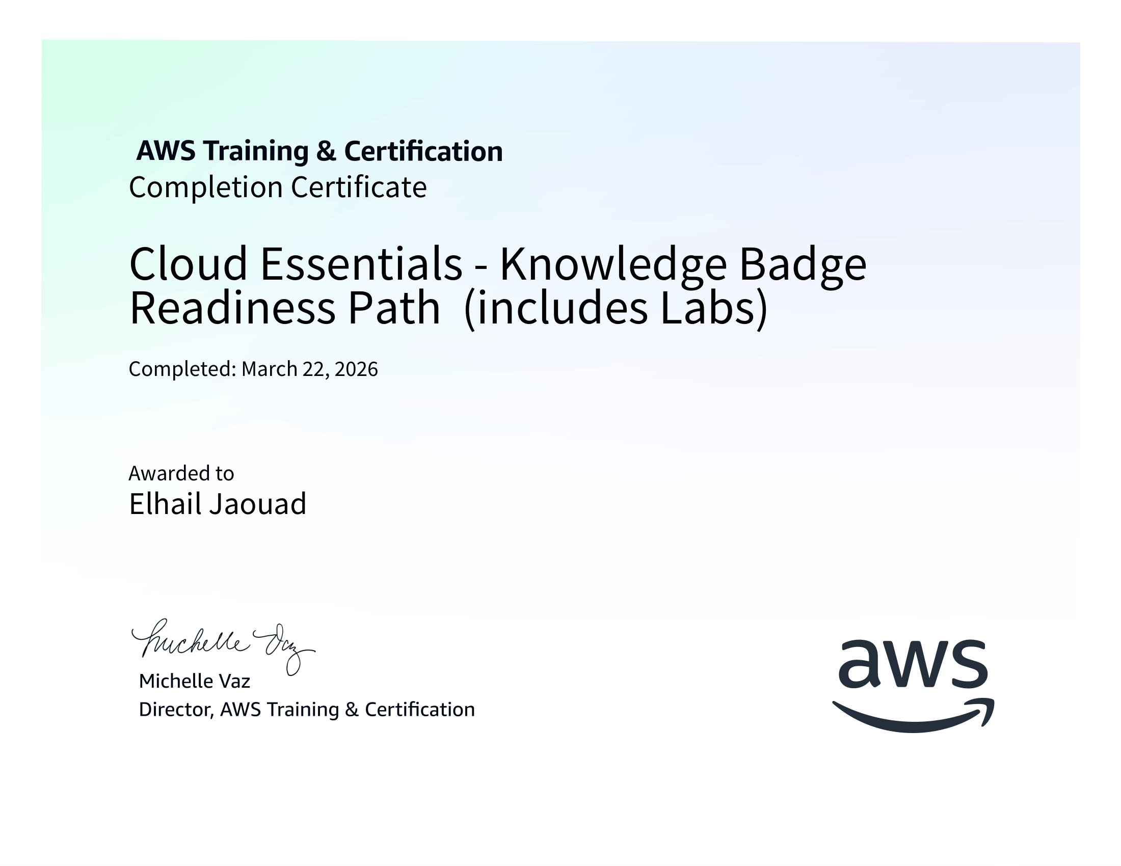 AWS Cloud Essentials - Certification of Completion
